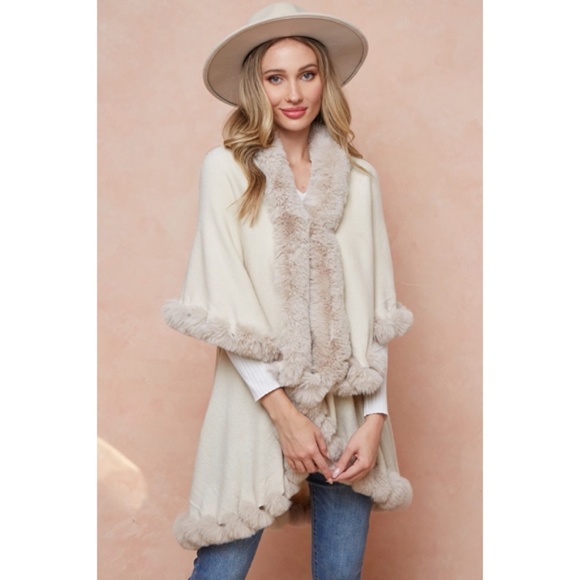 SOLD OUT Ivory Solid Faux Fur Trimmed Knit Sweater Cape Poncho Shawl Cardigan - Picture 3 of 5